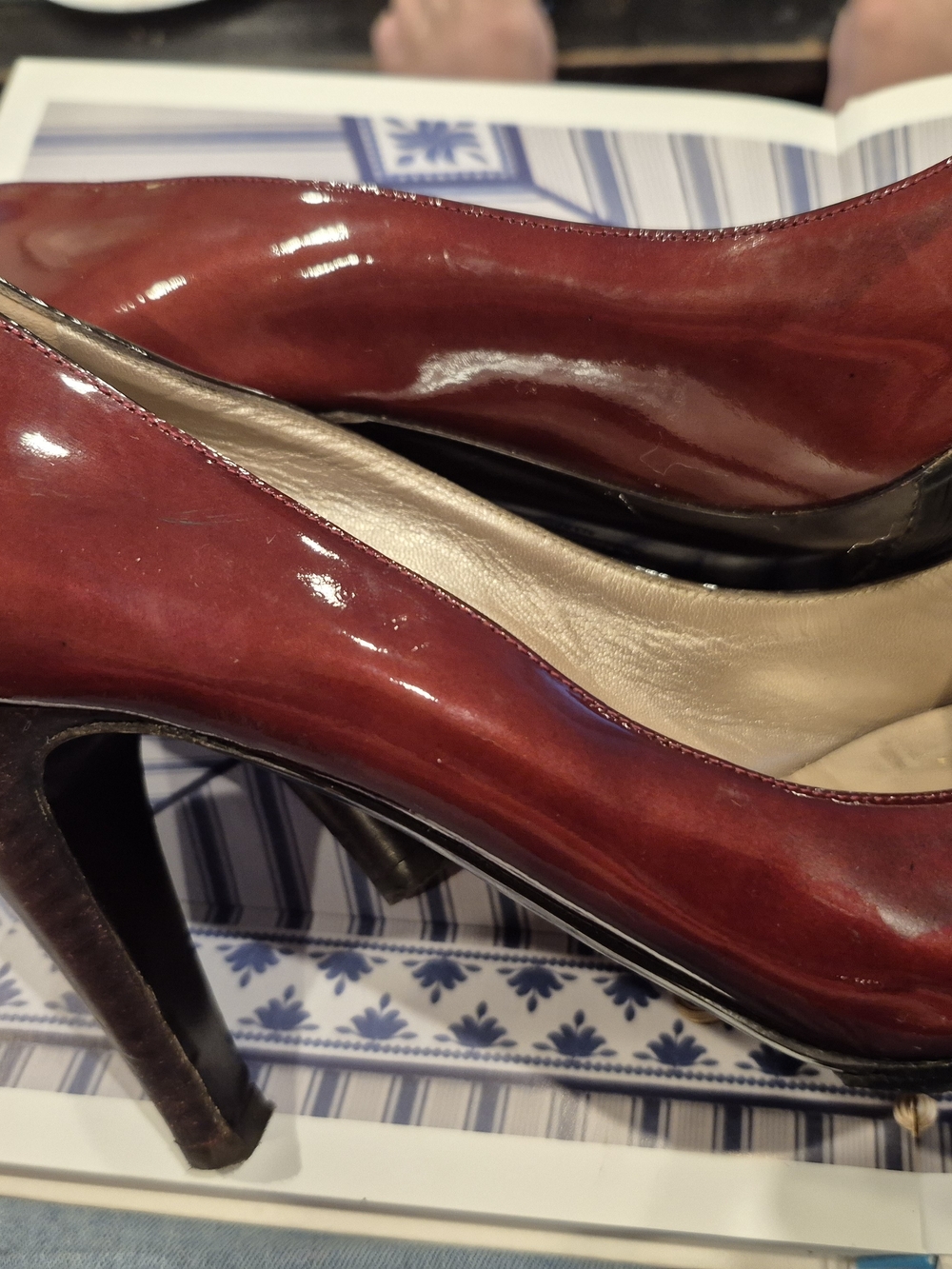 Salvatore Ferragamo Women's Burgundy Patent Peep-Toe Pumps - Picture 5 of 12
